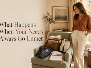 Woman looking at a chair covered with family responsibilities, symbolizing what happens when her own needs continually go unmet.