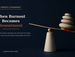A minimalist navy graphic featuring an overloaded brass balance beneath the title “When Burnout Becomes Resentment,” representing the emotional weight of carrying too much for too long.