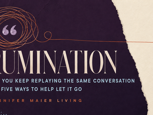 Editorial graphic reading “Rumination: Why You Keep Replaying the Same Conversation,” with an orange looping line surrounding quotation marks.
