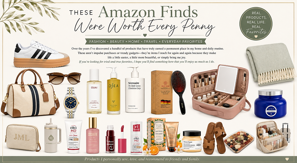 Editorial collage featuring Jennifer Maier Living's favorite Amazon finds, including fashion, beauty, home, and travel essentials such as sneakers, skincare, a handbag, sunglasses, a cozy throw, travel accessories, makeup brushes, candles, sandals, and everyday lifestyle products beneath the title "These Amazon Finds Were Worth Every Penny."