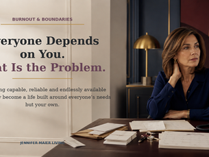 Stylish woman seated at a desk surrounded by calendars, letters, keys and a telephone beside the title “Everyone Depends on You. That Is the Problem.”