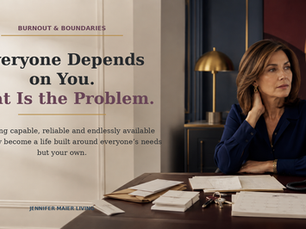 Stylish woman seated at a desk surrounded by calendars, letters, keys and a telephone beside the title “Everyone Depends on You. That Is the Problem.”