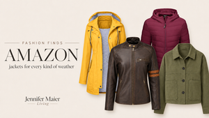 Editorial collage of yellow, plum, brown leather and olive jackets with “Amazon Jackets for Every Kind of Weather” headline.