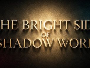 The words “The Bright Side of Shadow Work” illuminated by a warm central spotlight, with elegant gold lettering casting long shadows across a dark textured background.