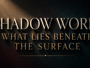 Dimensional ivory and gold typography reading “Shadow Work: What Lies Beneath the Surface” casts long shadows across a dark, textured background.