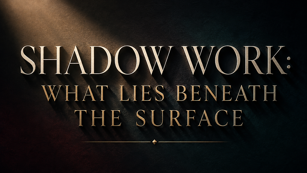 Dimensional ivory and gold typography reading “Shadow Work: What Lies Beneath the Surface” casts long shadows across a dark, textured background.