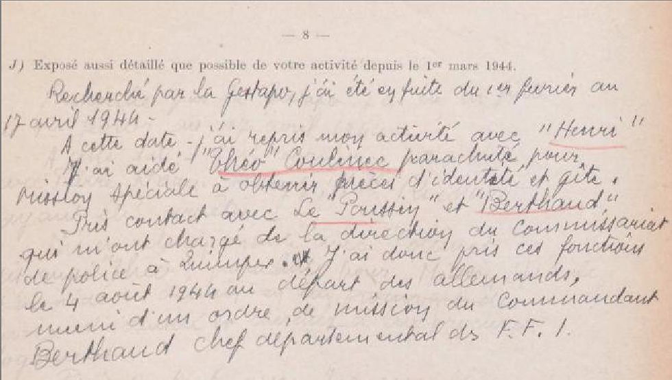 Fig 10 : extrait du dossier de résistant d'Eugène Le Faou conservé au Service Historique de la Défense à Vincennes
