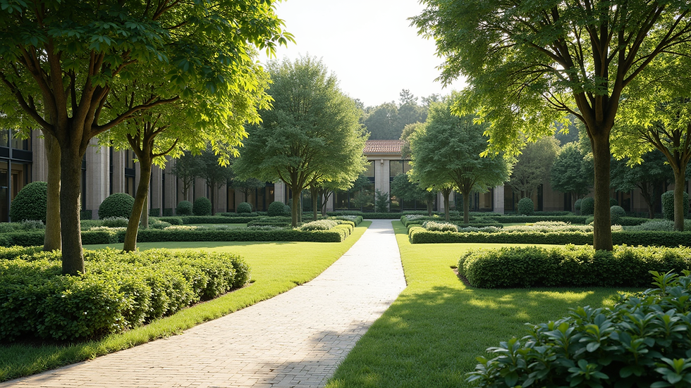 Vista panorámica de jardín corporativo con árboles y césped bien cuidado