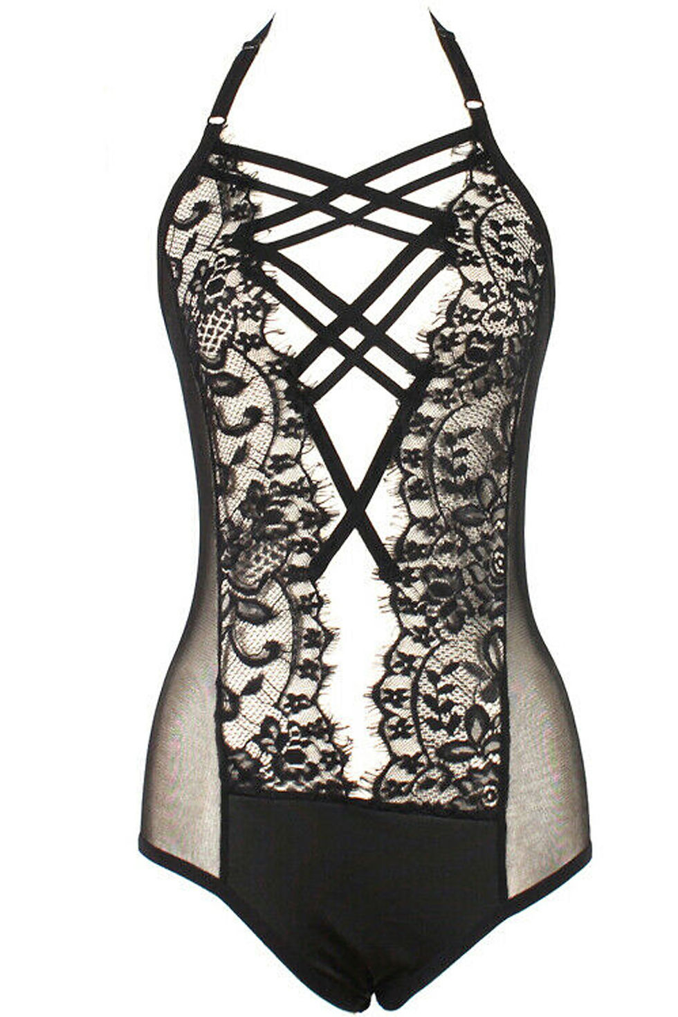 Thumbnail: Black Strappy Lace Goth Teddy Lingerie
