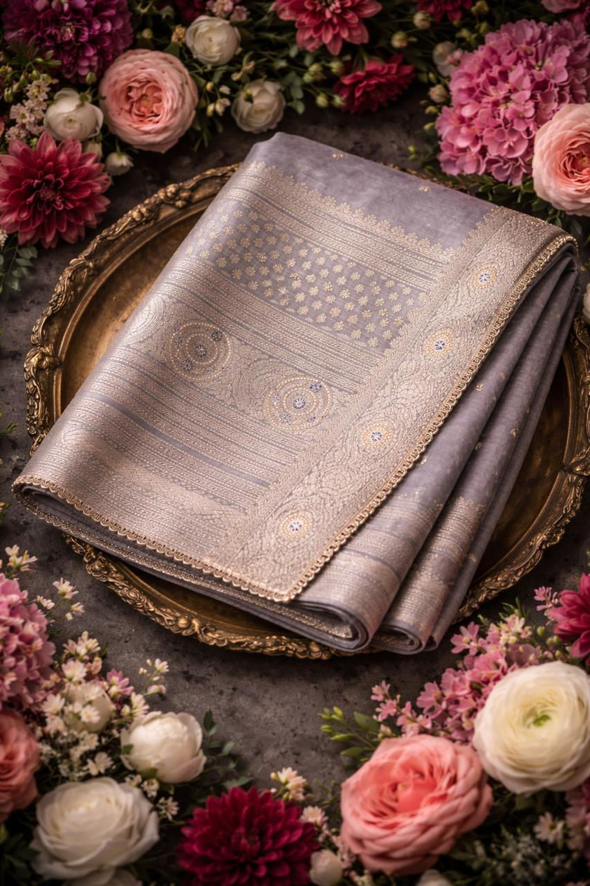Thumbnail: Victorian Mauve: Antique Zari Woven Tissue Silk Saree