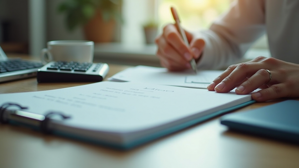 Eye-level view of a desk with a notebook, calculator, and coffee cup
