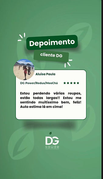 tela verde com foto de uma pessoa escrevendo um texto sobre o produto da DG 