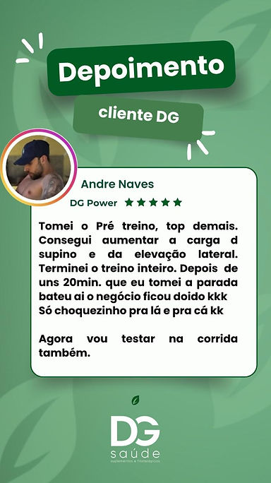 tela verde com foto de uma pessoa escrevendo um texto sobre o produto da DG 
