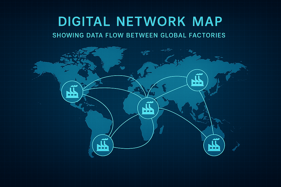 Digital network map showing data flow between global factories.