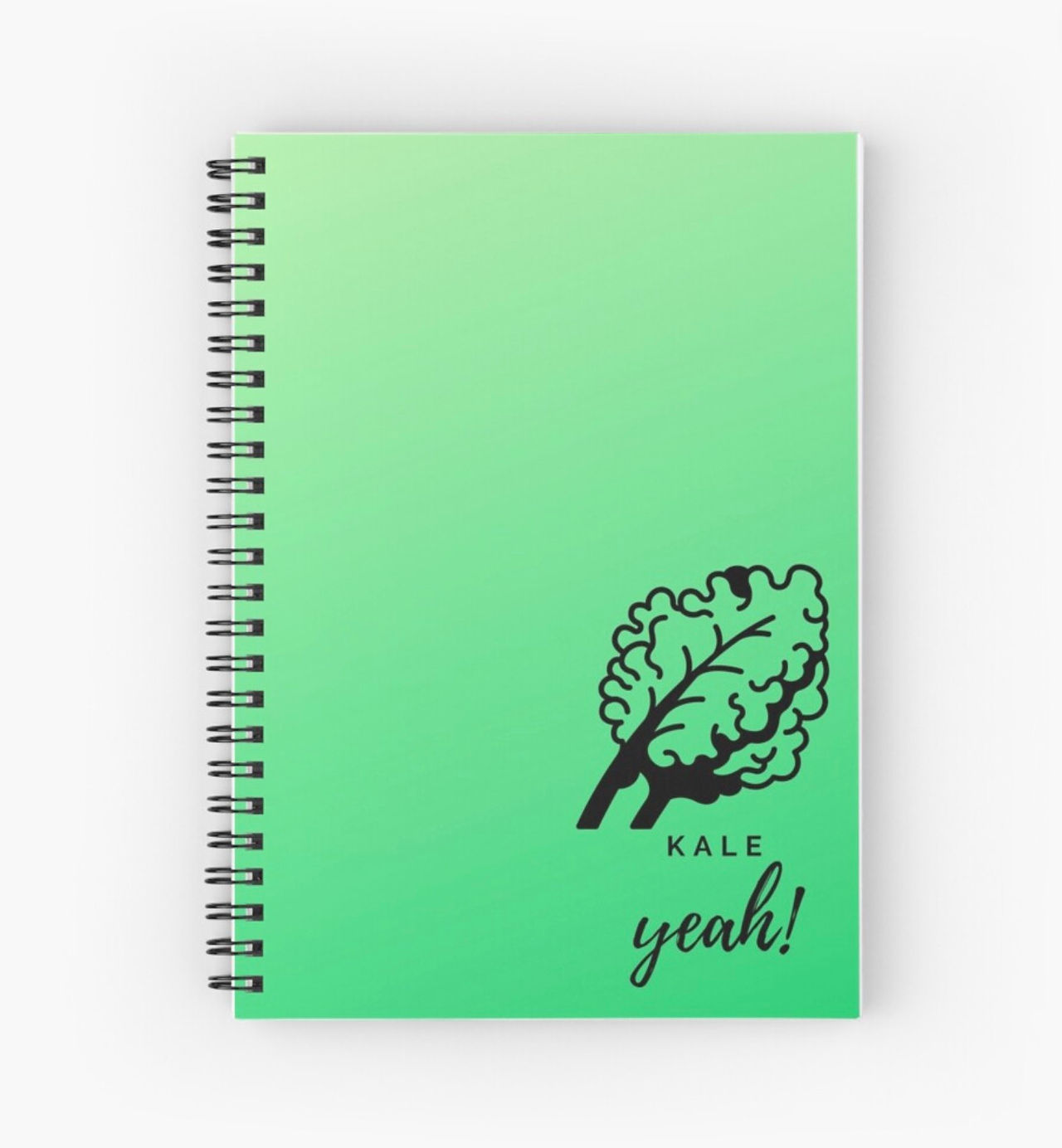 Green spiral bound notebook with graphic of kale in black with the phrase "Kale yeah!"