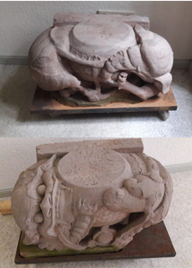 L: 80 cm, 150 kg each
These two heavy and solid sculptures of mythical beasts were probably carved in the late Yuan Dynasty/early Ming period. They probably served as foundations for columns at the entrance to a temple or palace. I have been told that they may possibly come from the Forbidden City, but this is very doubtful.
Provenience: from a British Private Collection, Apollo Auction House, London