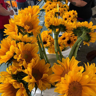 Bright yellow sunflowers in a bucket, ready for sale at the market.