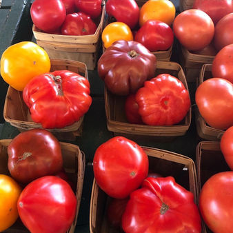 Tomatoes in baskets: red, orange, and yellow varieties. At the ToledoFarmers'Market