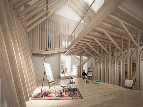 Competition for an atelier in the field, located in Estonia. Artistic interior rendering