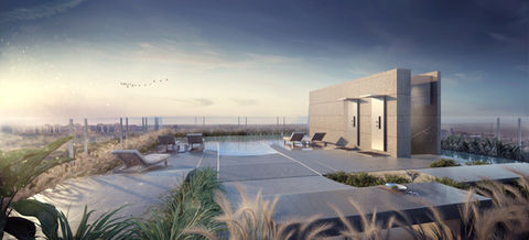 3D view of a rooftop terrace on top of a residential building. It showcases the space design in relation to the urban landscape, with a distant view of the river horizon.