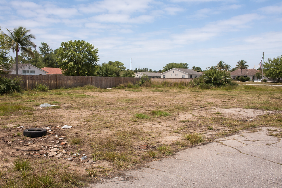 Overgrown vacant lot with debris and houses in background