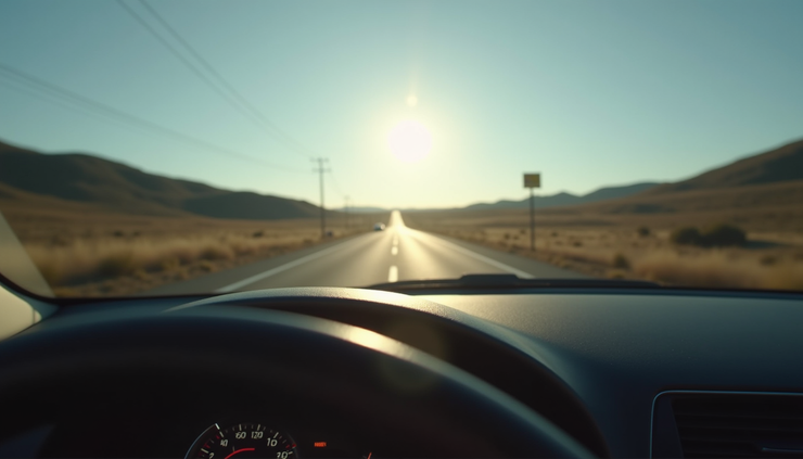 Close-up view of a car dashboard with a calm road ahead visible through the windshield