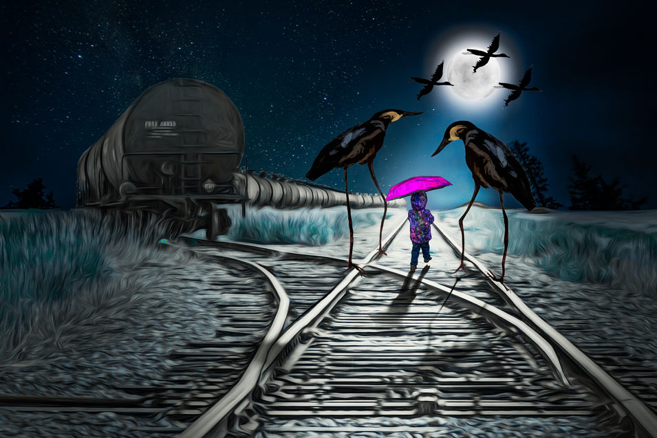 It is night time with a full moon. A railway line is leading into the distance. There is a train standing on a branch of the line on the left. A young girl wearing a purple jacket and holding a pink umbrella is walking along the railway track towards the moon. The girl is walking between two tall birds with very long legs. There are black birds flying in front of the moon in the distance.