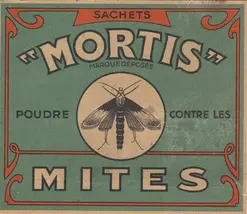 Affiche ancienne pour la poudre antimites Mortis en sachet, avec une illustration de mite.