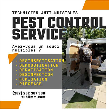 Un technicien de l’entreprise SUBLIMM, spécialisée dans la lutte contre les nuisibles à La Réunion, intervient chez un client avec un véhicule équipé. SUBLIMM propose des services de désinsectisation, démoustication, dératisation, désinfection, fumigation et piégeage sur toute l’île. Contactez-nous pour une solution rapide et efficace contre les nuisibles.