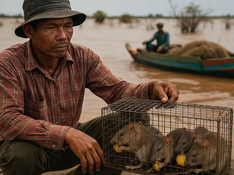 Chasseur de rats au Cambodge présentant une cage de rongeurs capturés sur le lac Tonlé Sap pendant la mousson