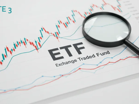 Gráfico de ETF com lupa sobre linhas de alta e o texto PARTE 3 e Exchange Traded Fund, em fundo branco.