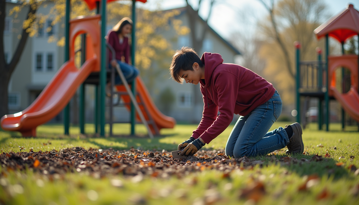 Eye-level view of volunteers repairing a community playground with construction tools