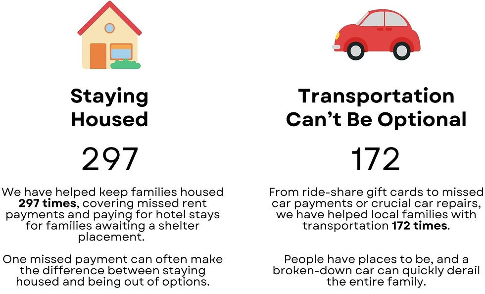 House and car icons. "Staying Housed" with 297 cases helped. "Transportation Can't Be Optional" with 172 cases. Text describes support.