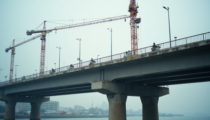 Eye-level view of a modern bridge under construction with cranes and workers