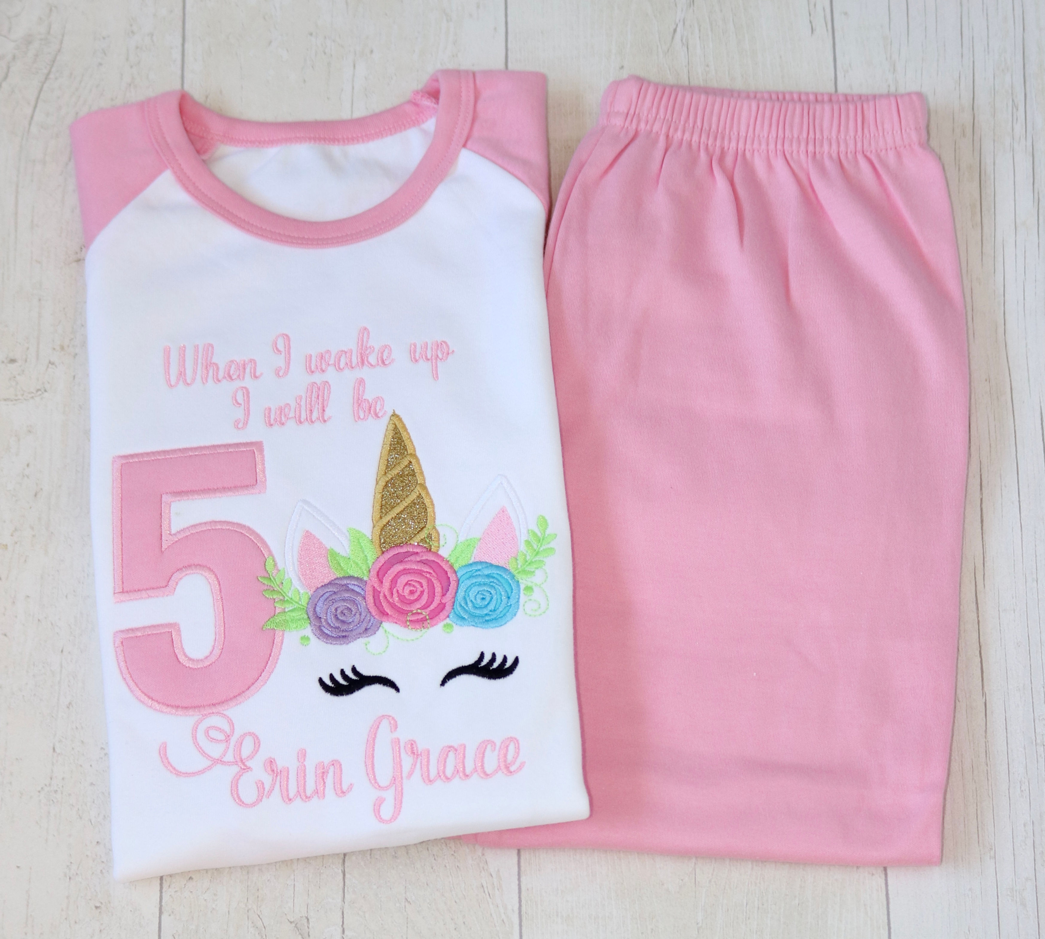 Flower Crown Unicorn Birthday PJs, Personalised Pink PJs