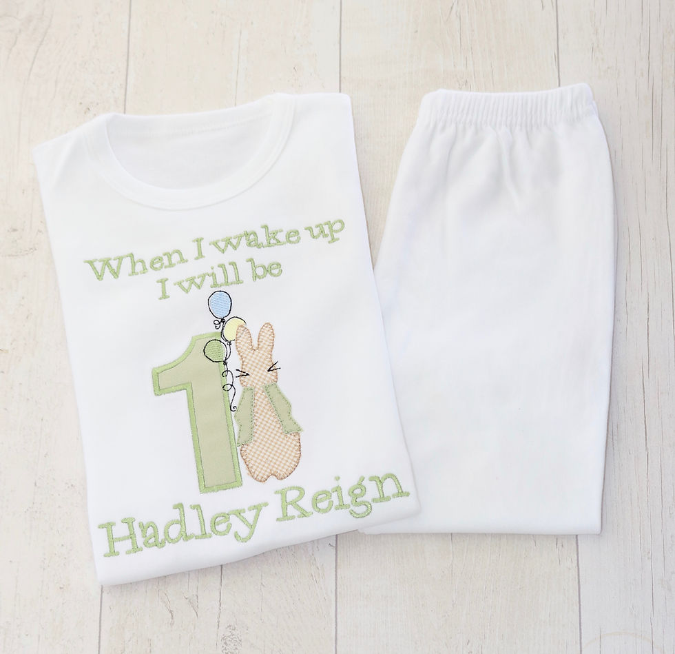 Birthday Bunny PJs, Personalised Sage Green and White PJs