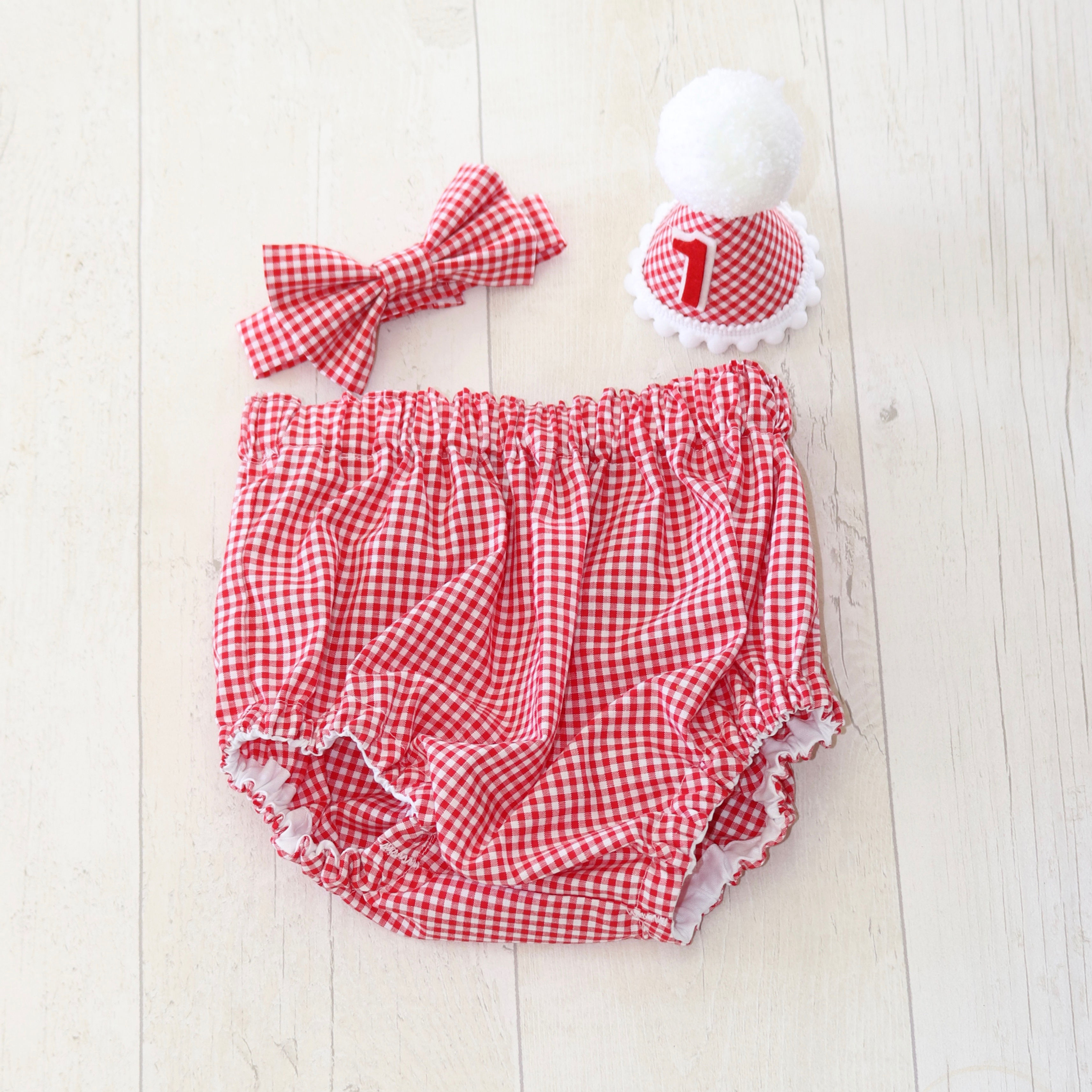 Red Gingham Cake Smash Set (Bow Tie, Party Hat & Bloomers)