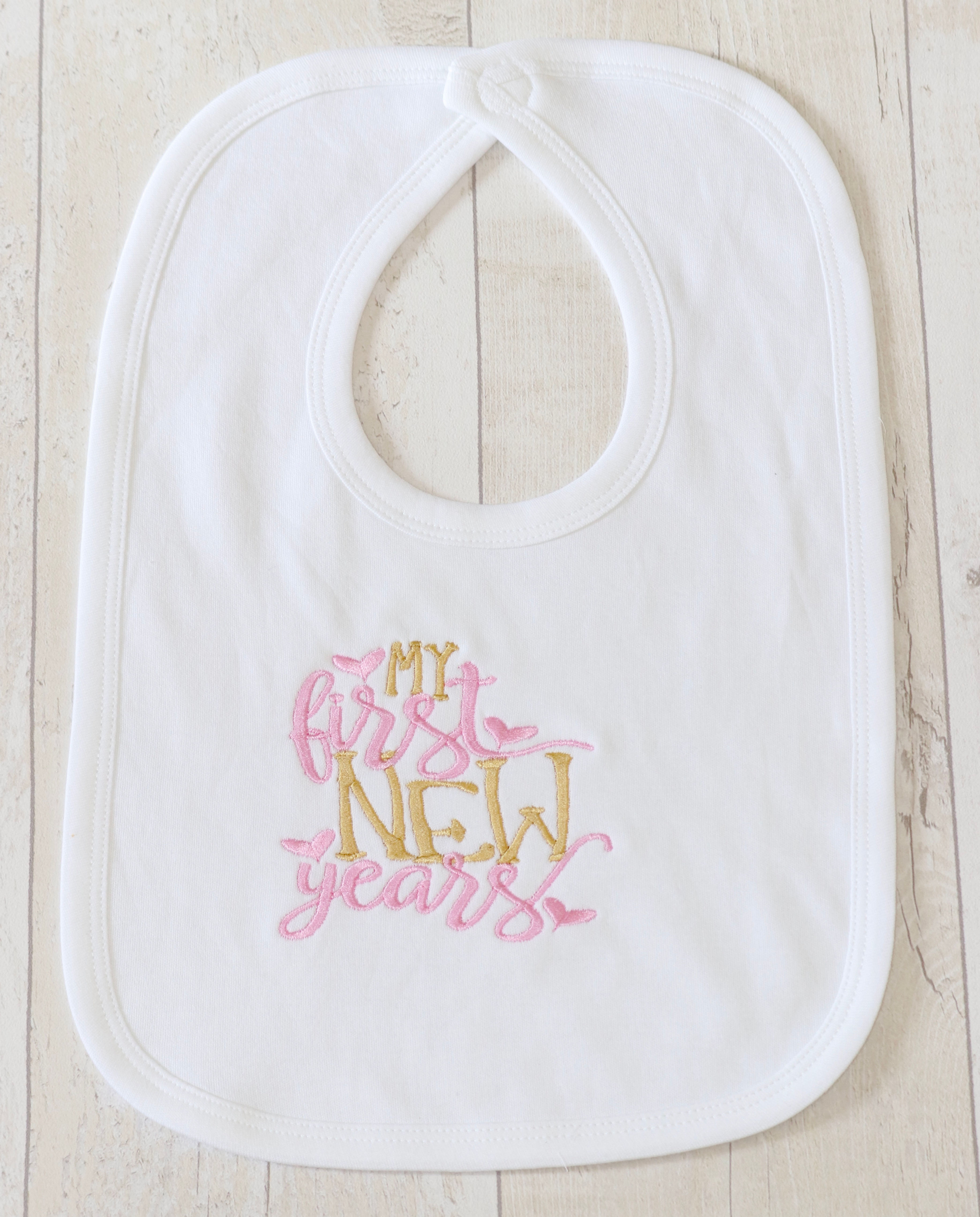 My First New Year Baby Bib, Personalised Pink Pull Over Bib