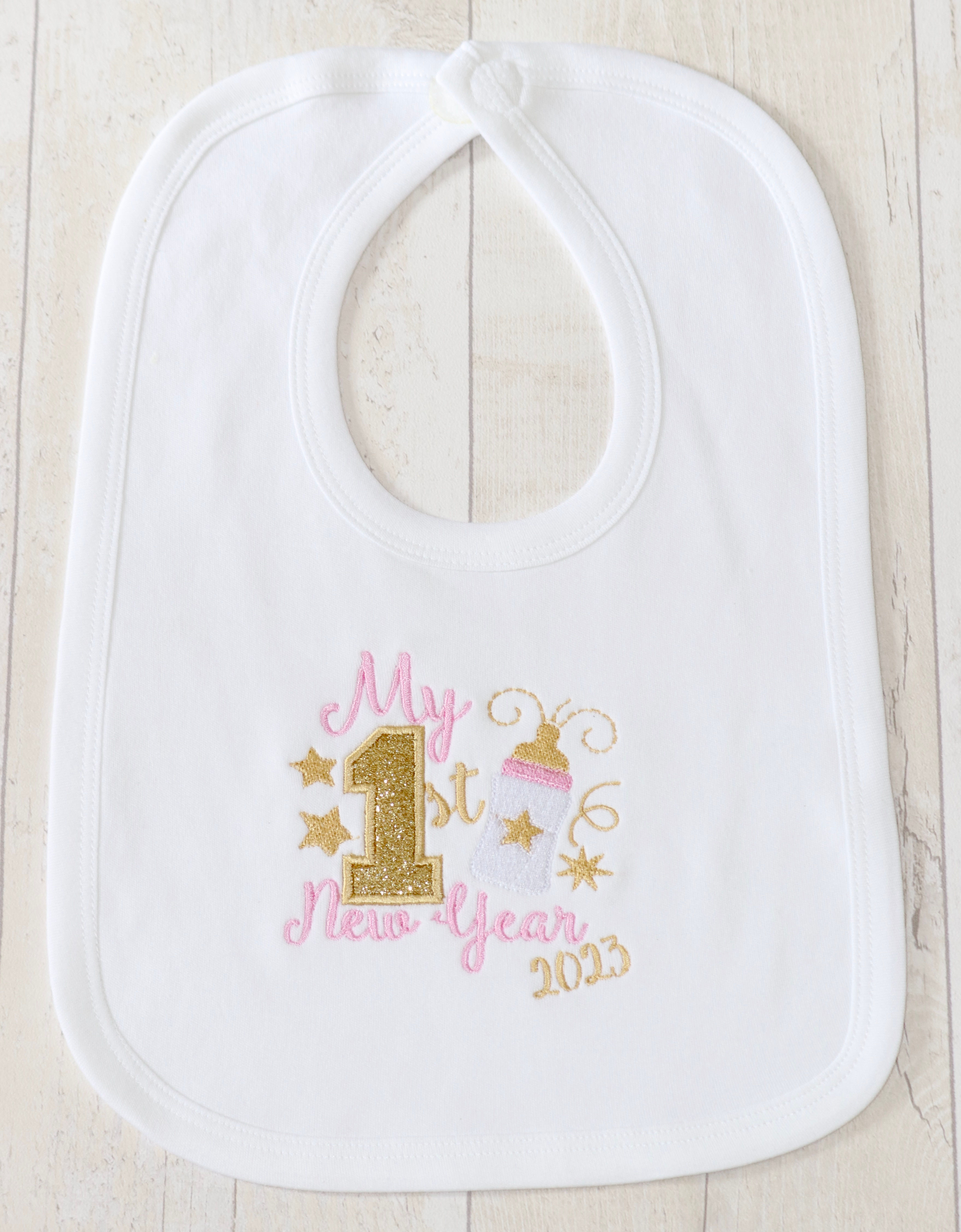 My First New Year Baby Bib, Personalised Pink Bib, Baby Bottle