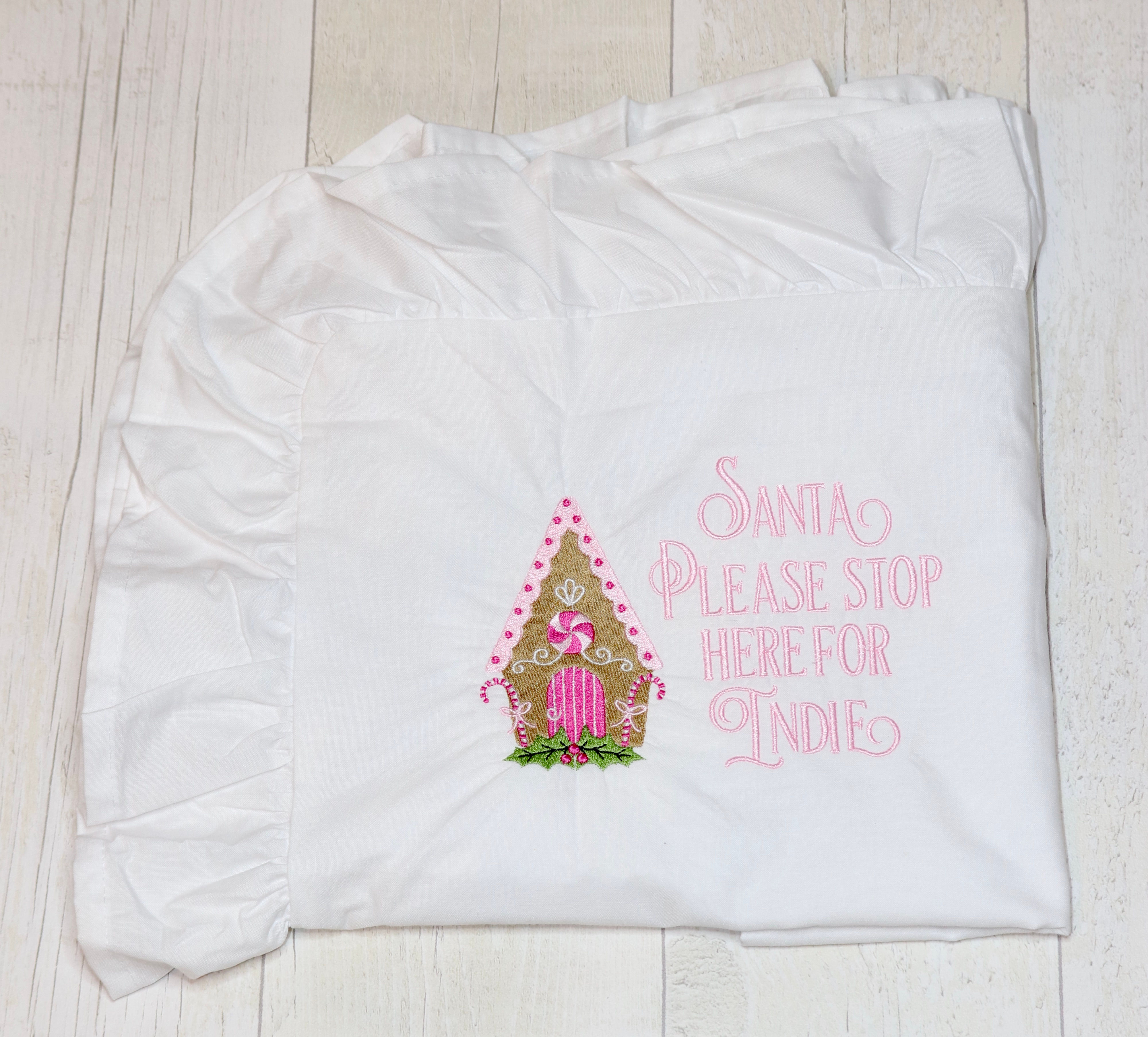 Santa Please Stop Here Pillow Case | Pink Christmas | Gingerbread house