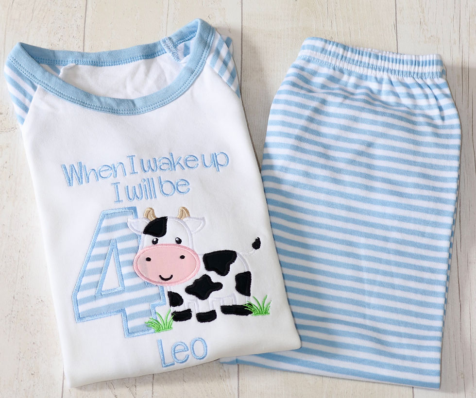 Cow Birthday PJs | Personalised Blue PJs | Animals | Farm