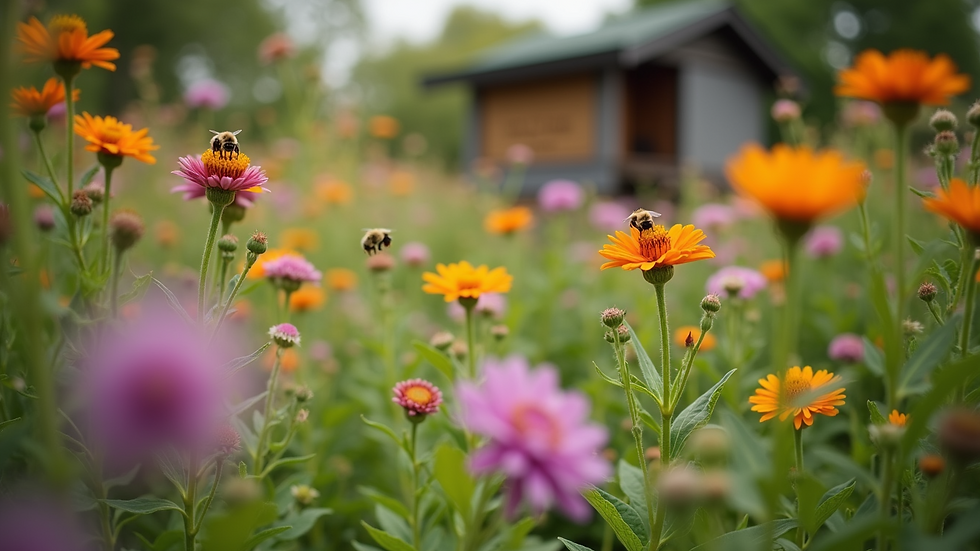 Eye-level view of a garden with diverse native flowers and a bee hotel