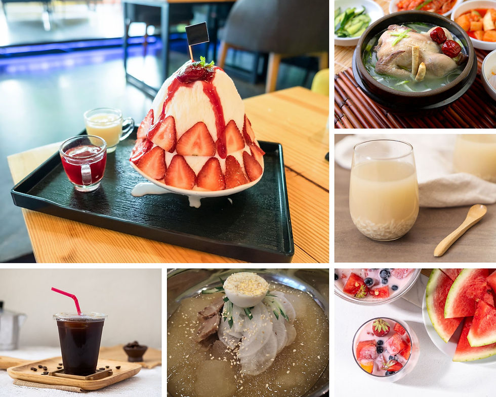 Images show Naengmyeon (냉면), Samgyetang (삼계탕), Patbingsu (팥빙수), Subak-hwachae (수박화채), Sikhye (식혜) and Iced Americano (아이스 아메리카노)  - Photo Credits: Freepik and Rosa Gulliver
