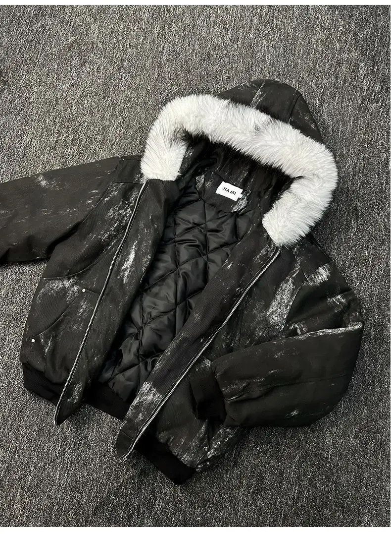 Thumbnail: Mens Jacket Winter Streetwear Black Padded Coat Tie Dye Design Faux Fur Hood Zip