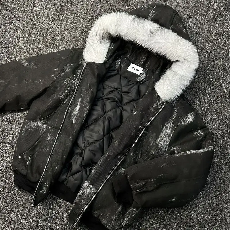 Thumbnail: Mens Jacket Winter Streetwear Black Padded Coat Tie Dye Design Faux Fur Hood Zip
