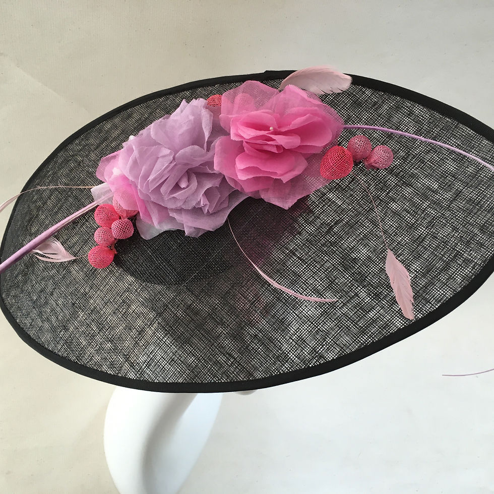Thumbnail: Alison - Black sinamay oval headpiece with organdie flowers