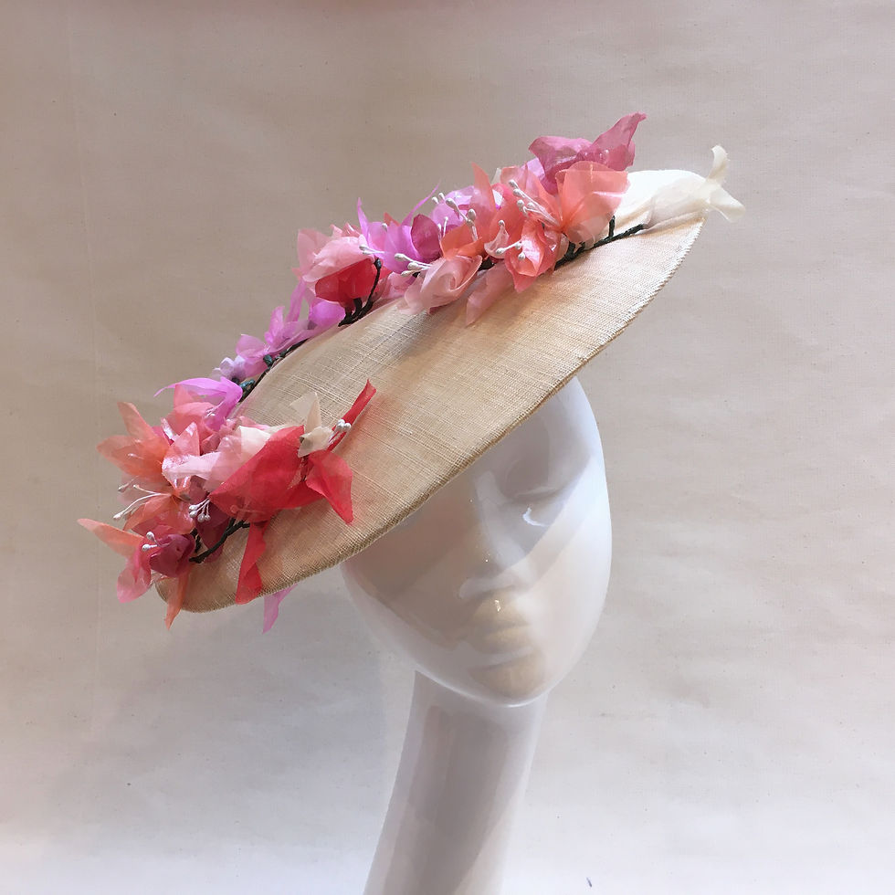 Bourganvillia - Saucer hat in ivory straw trimmed with handmade flowers