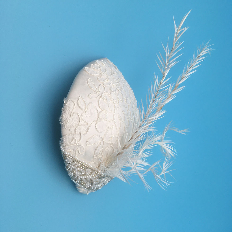 Thumbnail: Whitney - White silk and lace fascinator with beads and feathers