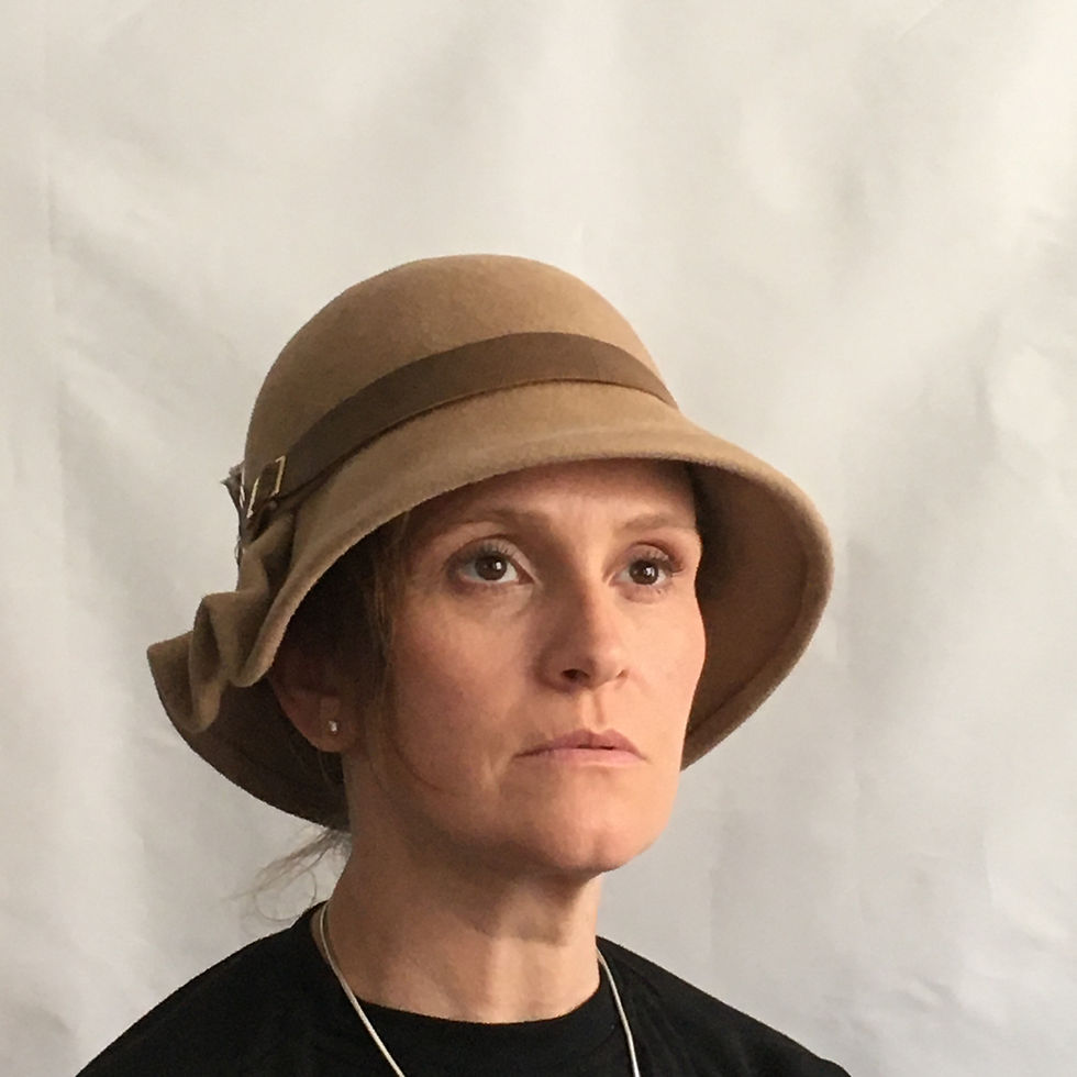 Thumbnail: Isabelle - Camel coloured fur felt cloche hat with a leather band and a feather
