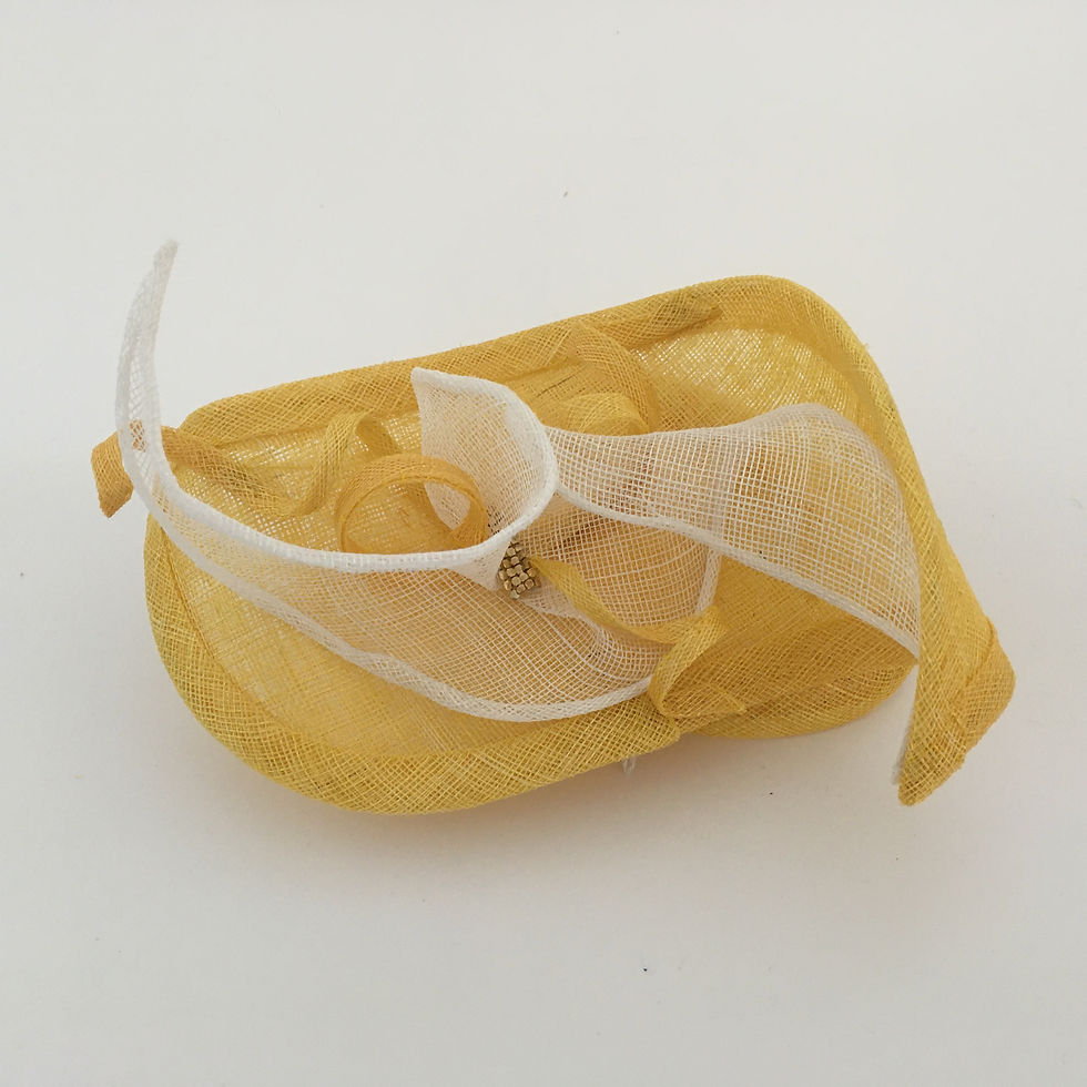 Thumbnail: Emma -Yellow sinamay headpiece trimmed with white and yellow